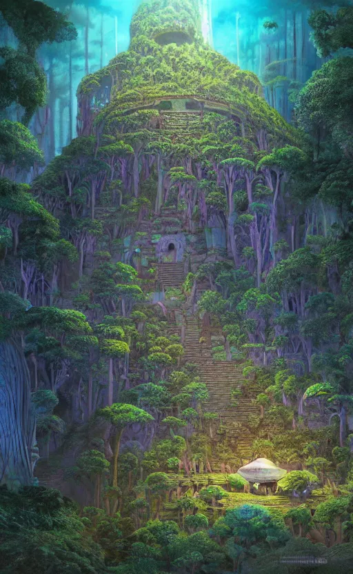 Image similar to microscopic tardigrade, microbiology, magical forest, ruins, civilization, vegetation, mayan temple, futuristic, sharp focus, electric, backlight, furry, soft, concept art, intricate details, highly detailed, photorealistic, disney pixar, james gilleard, moebius, print, iridescent, global illumination, anime, game art