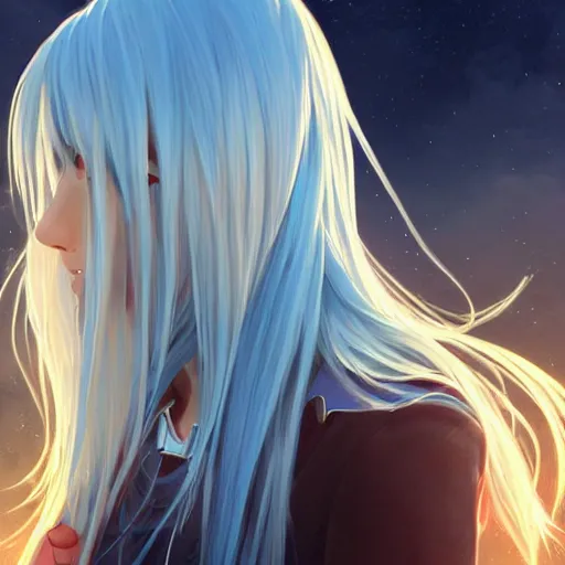 Image similar to profile shot of rimuru tempest, sky blue, straight hair, long bangs, | gold colored eyes | wearing a black jacket with white stripes, very high collar, highly detailed, unreal engine 5, digital painting, cinematic, wlop | artgerm, pixiv, yoshitaka amano, greg rutkowski, ilya kuvshinov, andy warhol