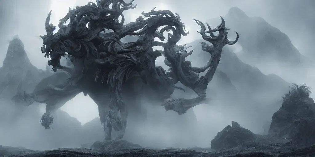 Image similar to white bird skulls, ram skulls, grand imposing powerful sculpture. swirls of mist. occult photorealism, uhd, amazing depth, volumetric lighting, cinematic lighting. epic landscape.