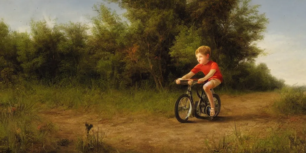 Image similar to artwork by eugene von guerard, a kid on a bike speeding away from zombies