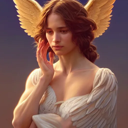 Prompt: wide angle full body portrait of an angel with a perfect face and perfect body crying, golden wings, intricate, highly detailed, digital painting, artstation, concept art, smooth, sharp focus, illustration, Unreal Engine 5, 8K, art by artgerm and greg rutkowski and alphonse mucha