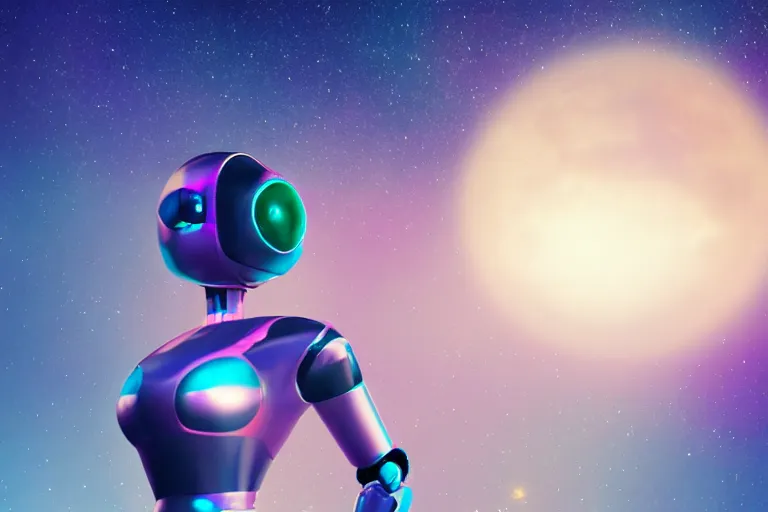 Image similar to a beautiful calm robot girl looking up to the stars, photograph, colorful background, render, 3 d, render, 8 k, 4 d,