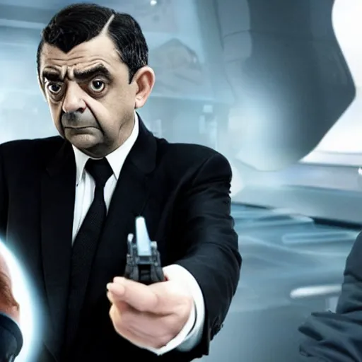 Image similar to Confused Rowan Atkinson as an MiB agent looking at a bizzare alien in the new Men in Black movie