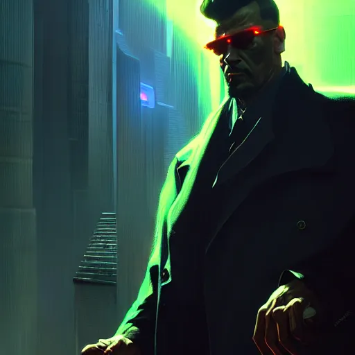 Prompt: imposing and relaxed cyberpunk gangster with dramatic volumetric god rays by john singer sargent, syd mead, craig mullins, finnian macmanus, sung choi, ruan jia. cinematic keyframe concept art on artstation