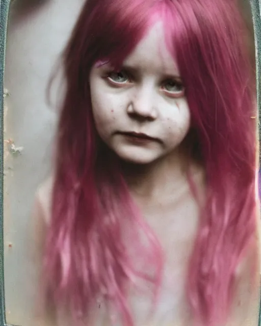 Prompt: an instant photo of a beautiful but sinister, smiling girl in layers of fear, with haunted eyes and pink hair, 1 9 7 0 s, seventies, delicate embellishments, a little blood, crimson, painterly, offset printing technique, mary jane ansell