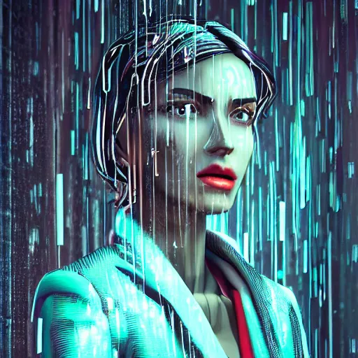 Image similar to stylish woman cartoon portrait made out of rain, pinstripe suit, metal crown, cyberpunk background, rendered in octane, unreal engine, highly detailed, trending on artstation, realistic, neon, beautiful