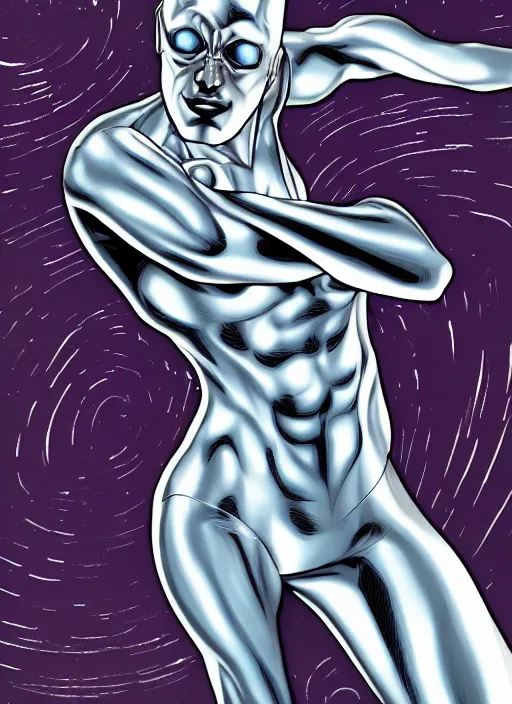 Image similar to A full portrait photo of silver surfer marvel, f/22, 35mm, 2700K, lighting, perfect faces, award winning photography.