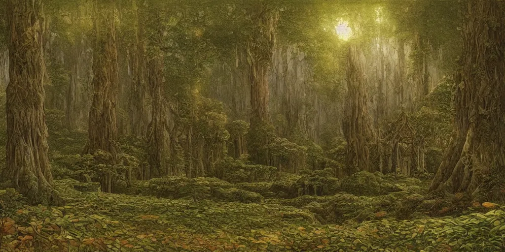 Image similar to Artwork by John Howe of The cinematic view of The Forest of Lost Twilight, a Forest, within which can be found an epitomic manor.