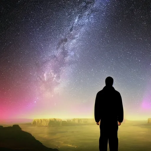 Image similar to 4K Epic Ultra HD detailed award-winning wallpaper silhouette of lonely man standing on rock holding a flashlight looking at huge vast sky universe Milky Way aurora