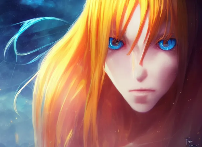 Image similar to profile shot of rimuru tempest playing chess, with amber eyes of golden colored eyes, straight hair, sky blue hair, long bangs, high collar, concept art, award winning photography, digital painting, cinematic, by wlop, anime key visual, wlop, 8 k, by ross tran, tom bagshaw, andy warhol