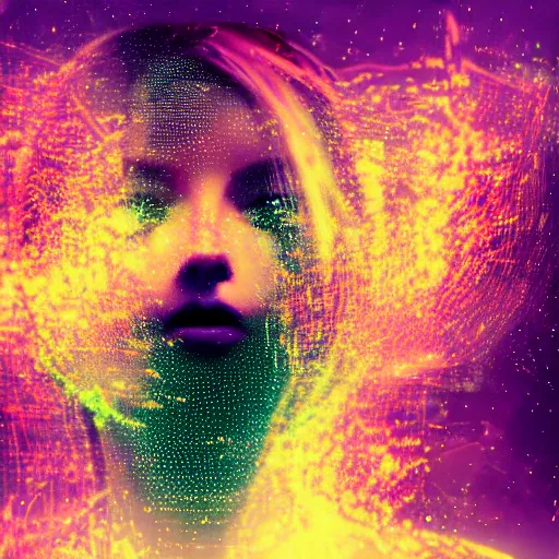 Image similar to glitchart of a young woman lucid dreaming in cyberspace, photoreal