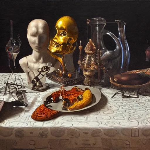 Prompt: cyborg body parts on a table with an ornate patterned tablecloth, beautiful still life painting by lucien levy - dhurmer, moody lighting, side light