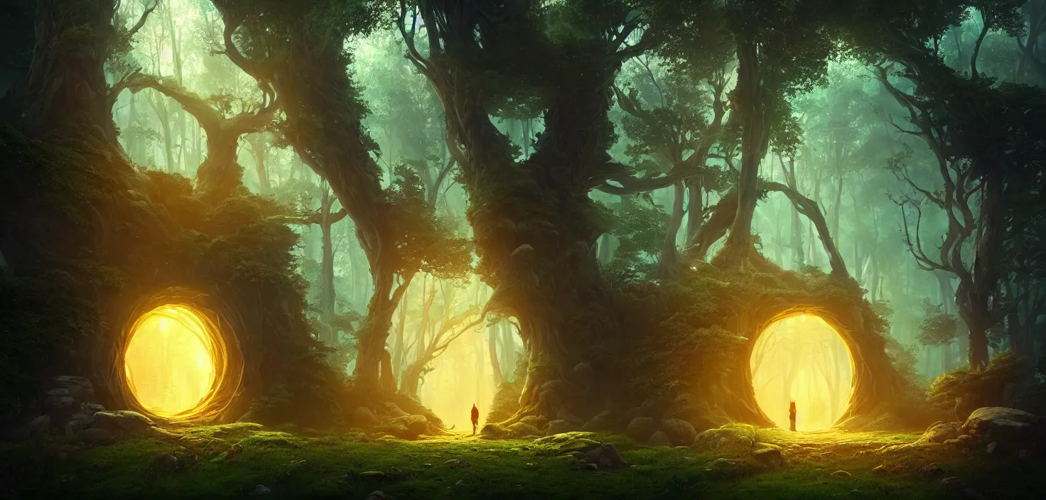 Image similar to random mystic forest giant house portal, landscape, big glowing magic giant portal, incredible, vector art, octane render, fabulous, hyper detailed, random cinematic view, no noise, global illumination, warm lighting, volumetric, godrays, vivid, beautiful, by jordan grimmer