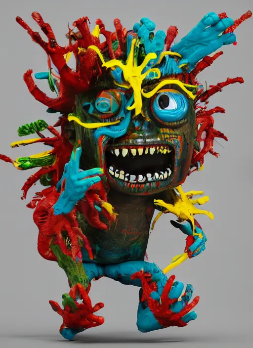 Image similar to multiple 3D crazy monsters in the style of Jean-Michel Basquiat, cinematic, photorealism, octane render, 8k, depth of field, artgem, Trending on artstation