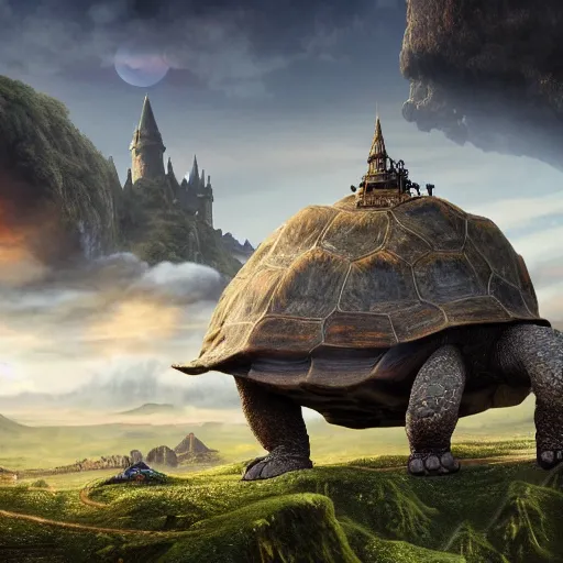 Prompt: giant tortoise walking with a large fantasy castle rising growing from the top of it, distant shot birds eye view, fantasy, hyper detailed, 4 k, howls moving castle, mortal engines,