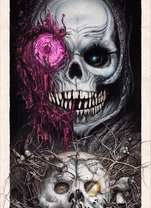 Image similar to cheshire cat death tarot card, highly detailed, half skull face, cinematic, 8 k, by stanley artgermm, tom bagshaw, greg rutkowski, carne griffiths, ayami kojima, beksinski, giger, trending on deviantart, hyper detailed, horror, full of colour