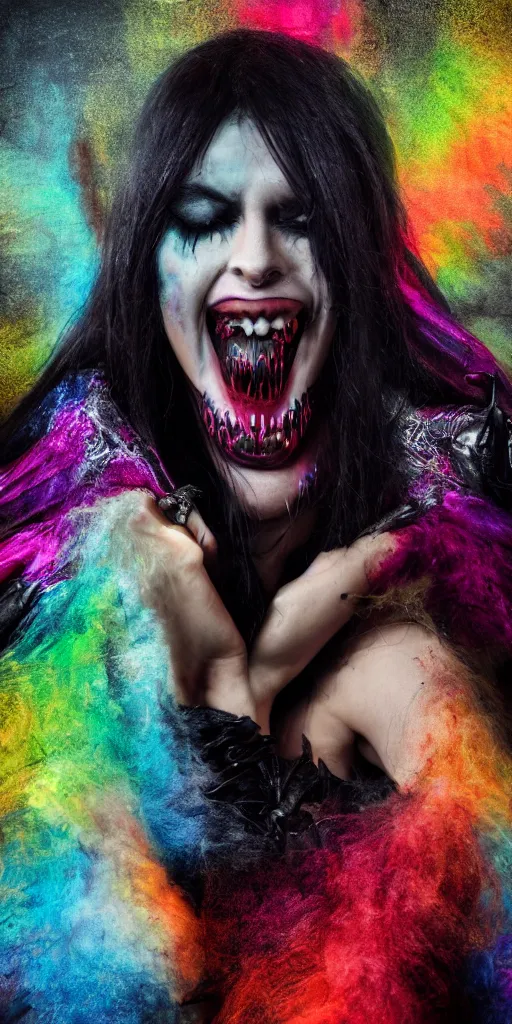 Image similar to impossibly beautiful vampire with large vampire fangs, full body, leather, intricate complexity, surreal horror, psychedelic glitch art, rainbow drip paint, trending on art station, photoreal, 8 k, octane render