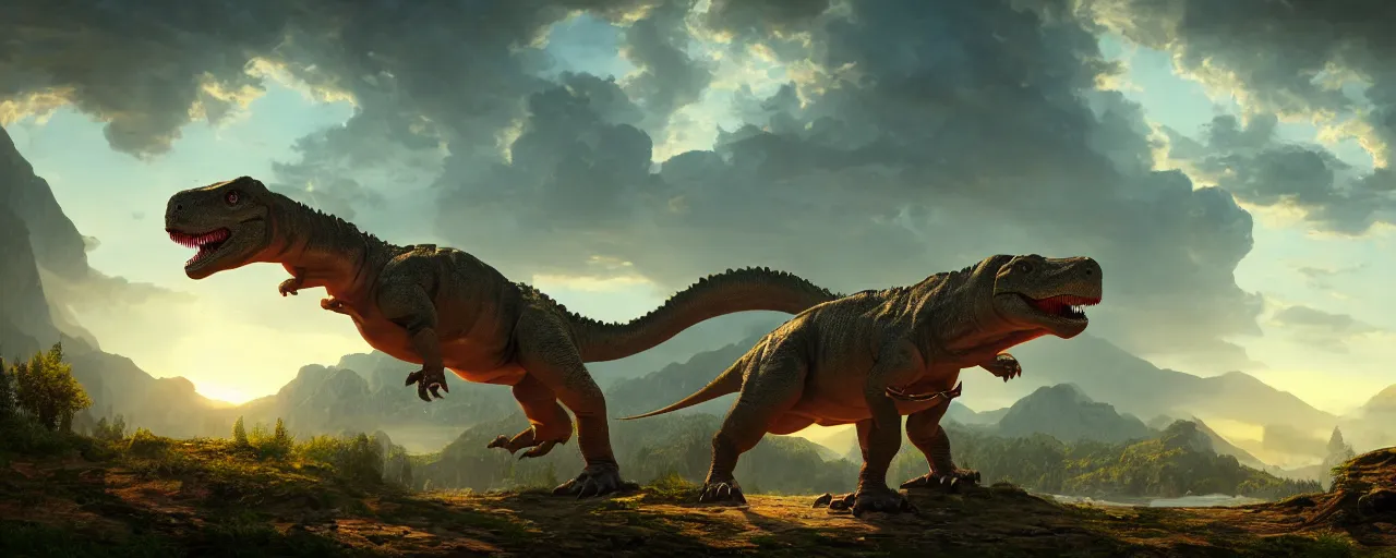 Image similar to Dinosaur, beautiful dynamic lighting, cinematic, wide angle establishing shot, extremely high detail, photo realistic, cinematic lighting, post processed, concept art, artstation, matte painting, style by frederic church, raphael lacoste, unreal engine 8k