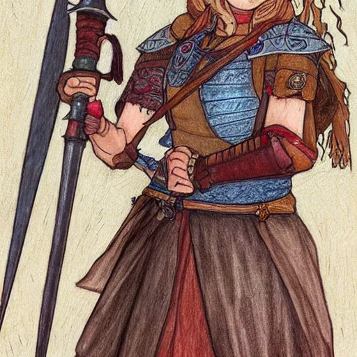 Image similar to medieval warrior girl, highly detailed, colored pencil, studio ghibli, mucha