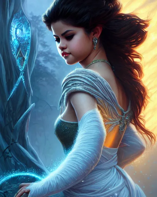 Image similar to Selena Gomez casting an frost spell, D&D, fantasy, intricate, elegant, highly detailed, digital painting, artstation, concept art, matte, sharp focus, illustration, hearthstone, art by Artgerm and Greg Rutkowski and Alphonse Mucha