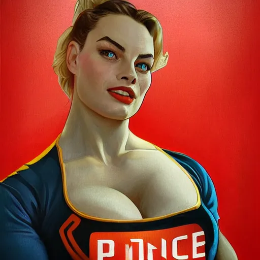 Image similar to socialist realism propaganda poster of margot robbie as beautiful female very muscular weightlifter from overwatch, portrait, profile picture, socialist realism, highly detailed, intricate, digital painting, artstation, sharp focus, illustration, art by jakub rozalski, greg rutkowski, artgerm, tan zi and ayanamikodon and alphonse mucha and wlop