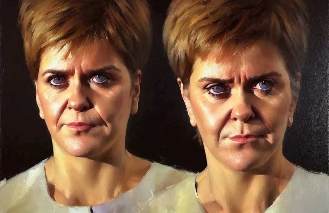 Prompt: portrait of nicola sturgeon!!!!!!!!!!!!!!!!!!!!!!!!!!!, detailed face, detailed painting, epic lighting, by ilya repin, phil hale and kent williams