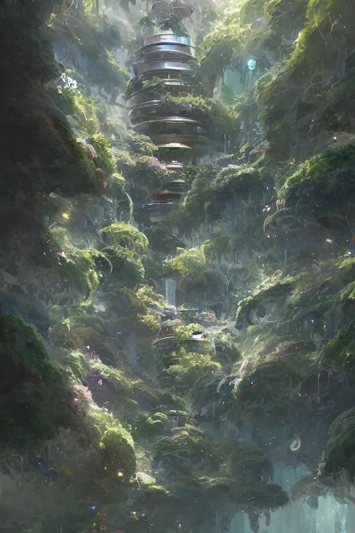 Image similar to portrait of cascading multi level botanical garden spaceship, illustration, concept art, anime, key visual, trending, pixiv, fanbox, by wlop, greg rutkowski, makoto shinkai, studio ghibli, kyoto animation,