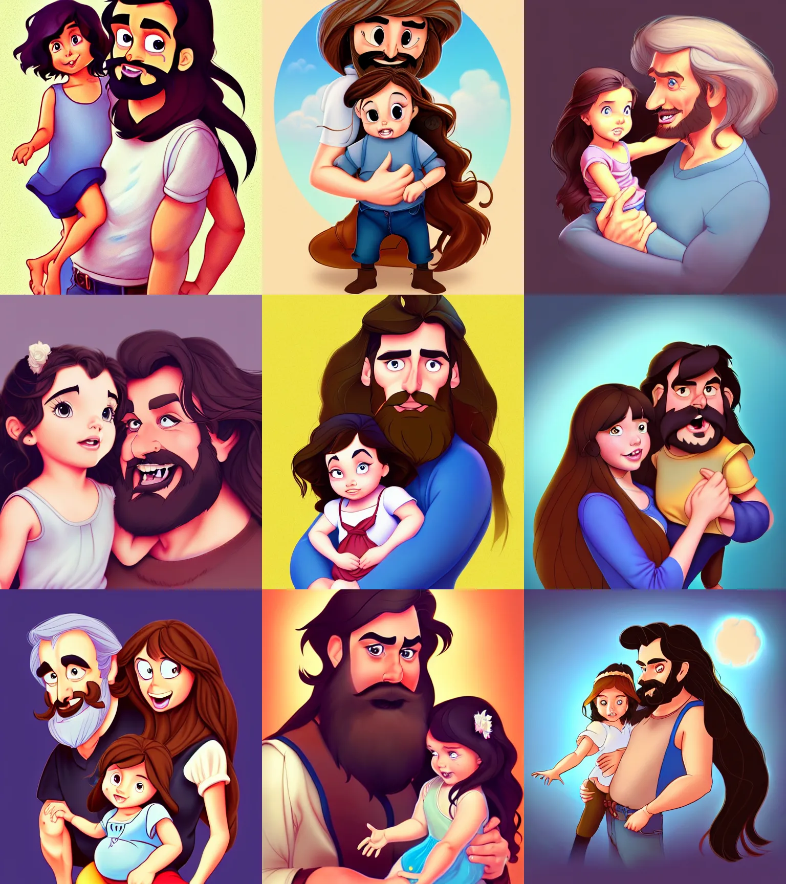 Image similar to a long - haired bearded father and his brunette child toddler girl full color digital illustration in the style of don bluth, artgerm, artstation trending, 4 k