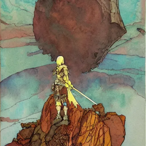 Prompt: watercolor, barbarian on mars, standing on boulder facing clouded expanse, , final fantasy tactics character, artwork by harry clarke, shrouded