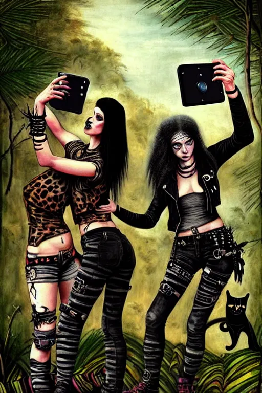 Image similar to punk rock girls making selfie with black cats in jungle , 1980 style, mad max jacket, post apocalyptic, renaissance, Gothic, highly detailed, digital painting, 4k, oil painting by Leonardo Da Vinci, hyper realistic style, fantasy by Olga Fedorova