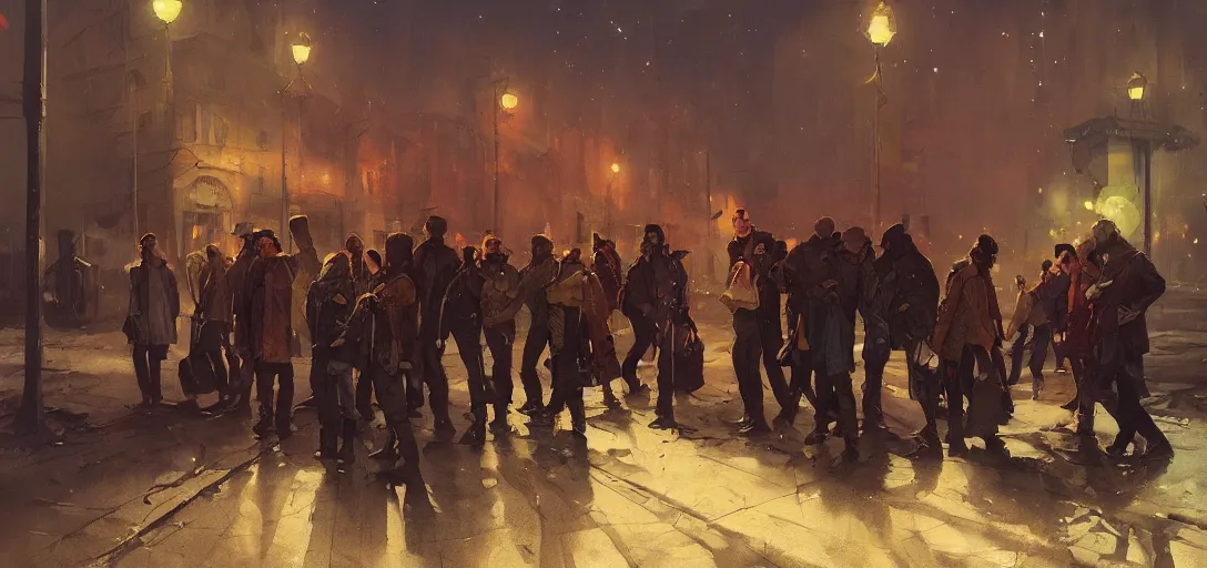 Prompt: beautiful painting of a gang at night in Soviet Russia, by Sergey Kolesov, Stanley Artgermm, Tom Bagshaw, Greg Rutkowski, Carne Griffiths, trending on Artstation, 8k, masterpiece, graffiti paint, dishonored, fine detail, full of color, intricate detail