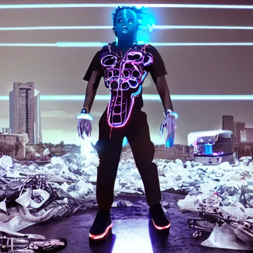 Image similar to a cinematic film still of rapper unotheactivist as a cybernetic cyborg, cgi, surrealism, cold lighting, film photography