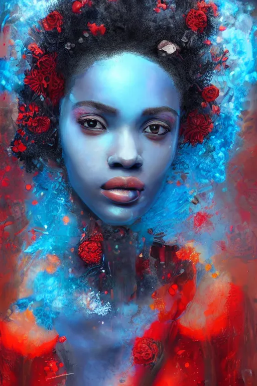 Prompt: portrait of beautiful young maiden, warhammer, afro style, more and more cyberpunk, a lot of more scars, more and more flowers, blue head, some red water, the middle ages, highly detailed, artstation, illustration, artgerm sylvari portrait, 8 k quality, art by max ernst