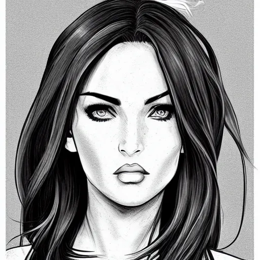 Prompt: megan fox manga portrait, cartoon face, chibi, anime, character art, digital illustration, big eyes, triangular face, semirealism, ealistic shaded perfect face, fine details, realistic shaded lighting, poster by samdoesarts sam yang