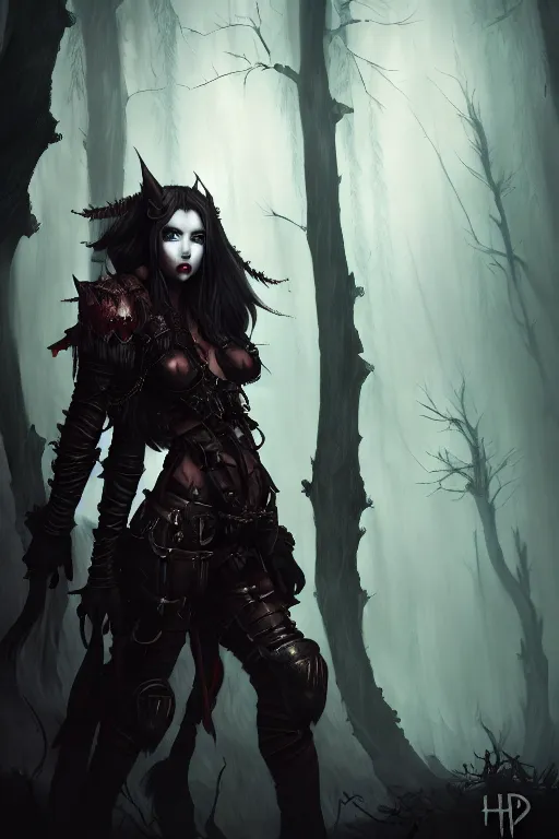 Image similar to dramatic atmospheric dark forest scenery, girl with vampire-fangs in hide leather armor, hyperdetailed, artstation, cgsociety, 8k
