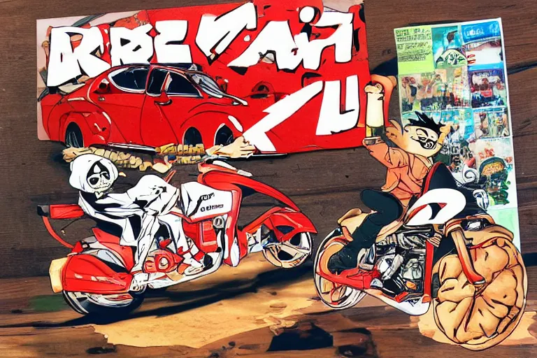 Image similar to italian pizza, akira's motorcycle, gorillaz, flyer, kid drawn