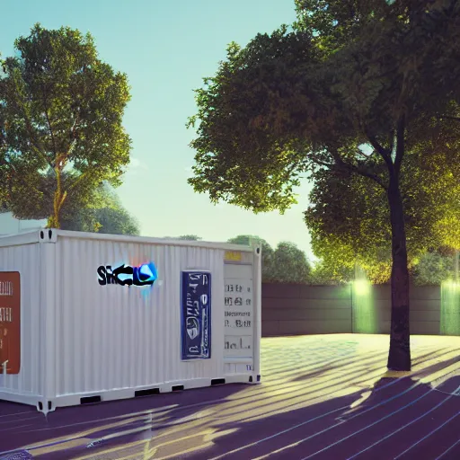 Image similar to photo of glowing sci fi container powering a modern peaceful hospital in a pleasant urban setting with trees, day - time, sun overhead, award - winning, high res, 4 k, artstation