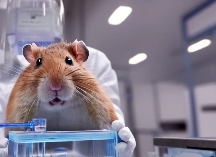 Image similar to film still of a hamster working in a research lab filling test tubes, 8 k