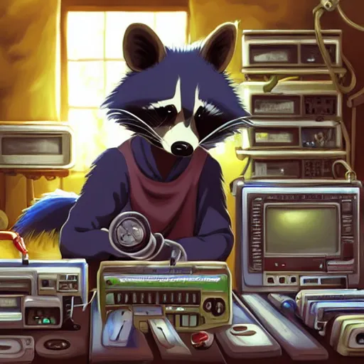 Prompt: FurAffinity art oil painting of an anime-style anthro raccoon in his workshop tinkering with retro electronics, Studio Ghibli, extremely detailed, realistic shading, trending on FurAffinity