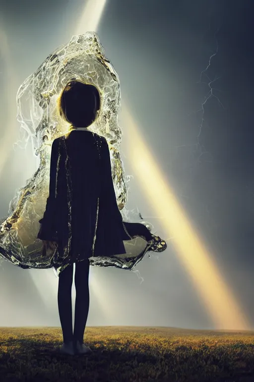 Image similar to a young girl with long black hair and chequered!! robe!! is watching a storm inside a symmetrical fantasy crystal. atmospheric, 4 k, highly detailed. surrounded by golden rays of light