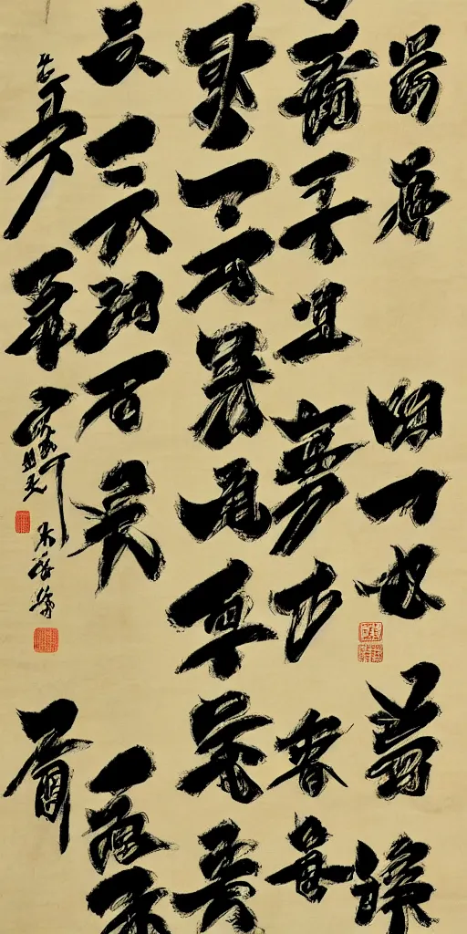 Prompt: a scroll of Chinese calligraphy by Wang Xizhi, black and yellow scheme