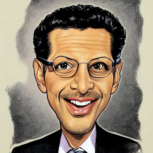 Image similar to a caricature portrait of Jeff Goldblum drawn by Mort Drucker Mad Magazine