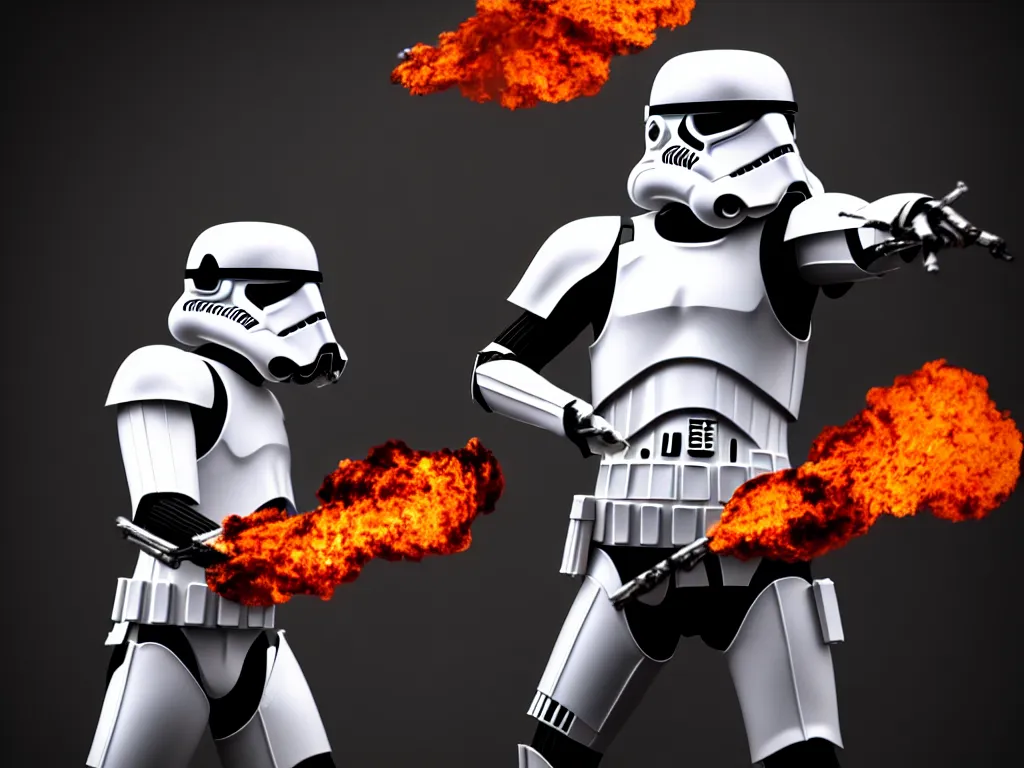 Prompt: storm trooper in a battle, smoke, fire, explosions, chrome, shiny, reflective, metallic, 3 d render, realistic, hdr, stan winston studios, dramatic lighting, flame colors bright,
