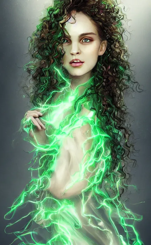 Image similar to a young woman with wild, curly hair and bright green eyes. she's wearing a flowing dress made of light, airy fabric and she has a mischievous look on her face, dynamic lighting, photorealistic fantasy concept art, trending on art station, stunning visuals, creative, cinematic, ultra detailed