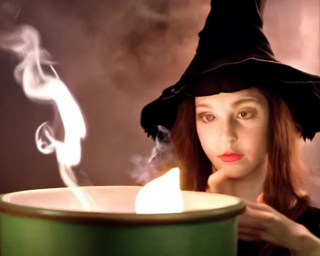 Image similar to close up portrait, dramatic lighting, concentration, calm confident teen witch and her cat mixing a spell in a cauldron, a little smoke fills the air, a witch hat and cape, a little green smoke is coming out of the cauldron, ingredients on the table, apothecary shelves in the background, still from disney show