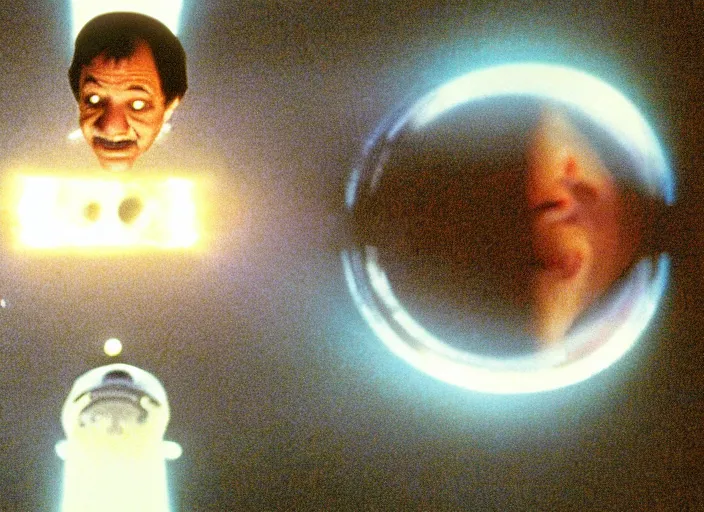 Prompt: film still of young old Cheech Marin flying through wormhole as Dr. Dave Bowman in 2001 A Space Odyssey