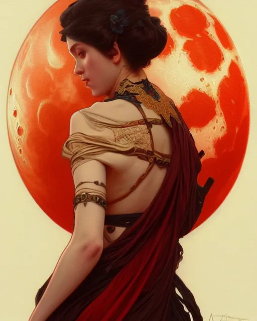 Image similar to painting of the blood moon, decorated, intricate, elegant, highly detailed, digital painting, artstation, concept art, smooth, sharp focus, illustration, art by artgerm and greg rutkowski and alphonse mucha, 8 k