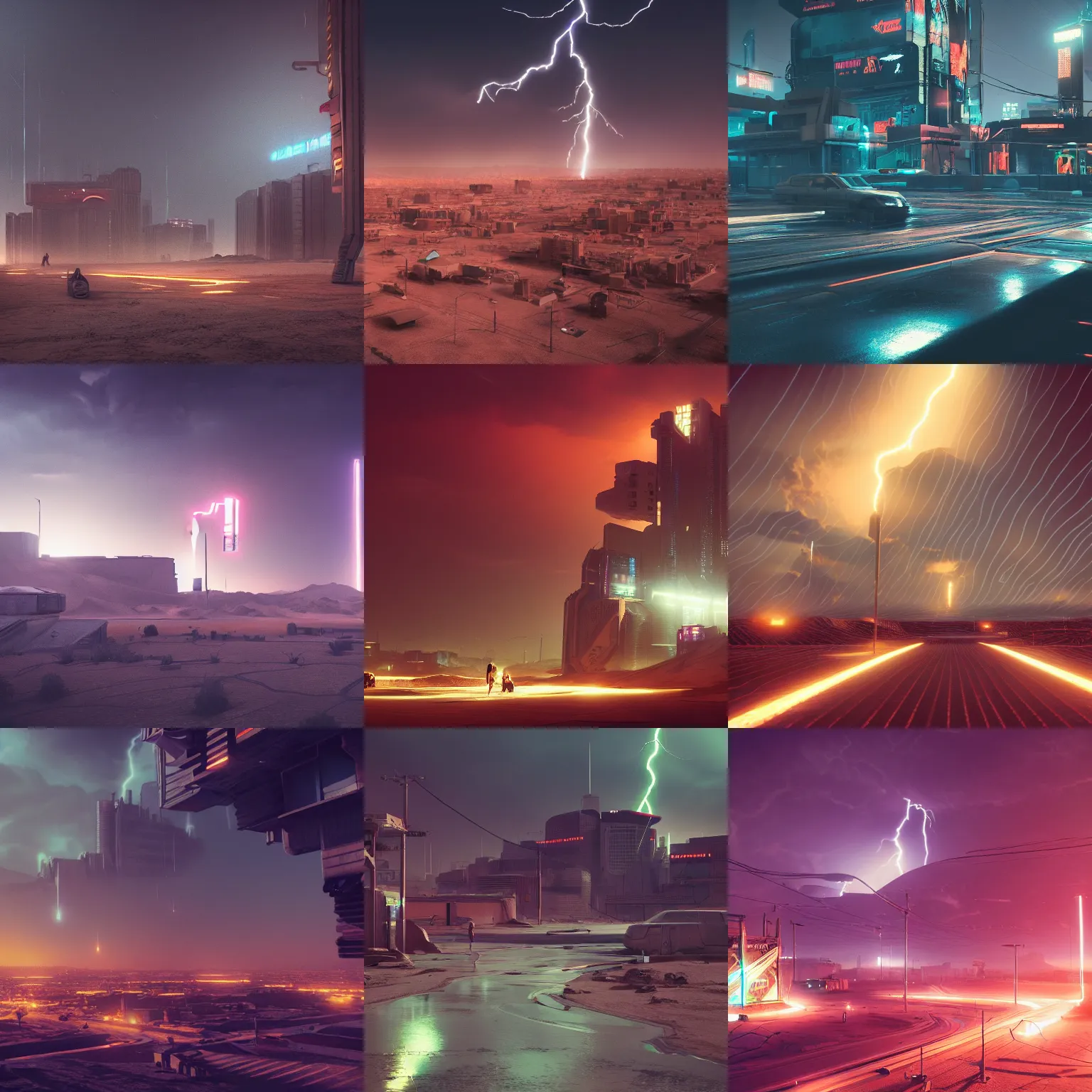 Prompt: cyberpunk small desert town, lightning in the distance, octane render, trending on artstation, depth of field