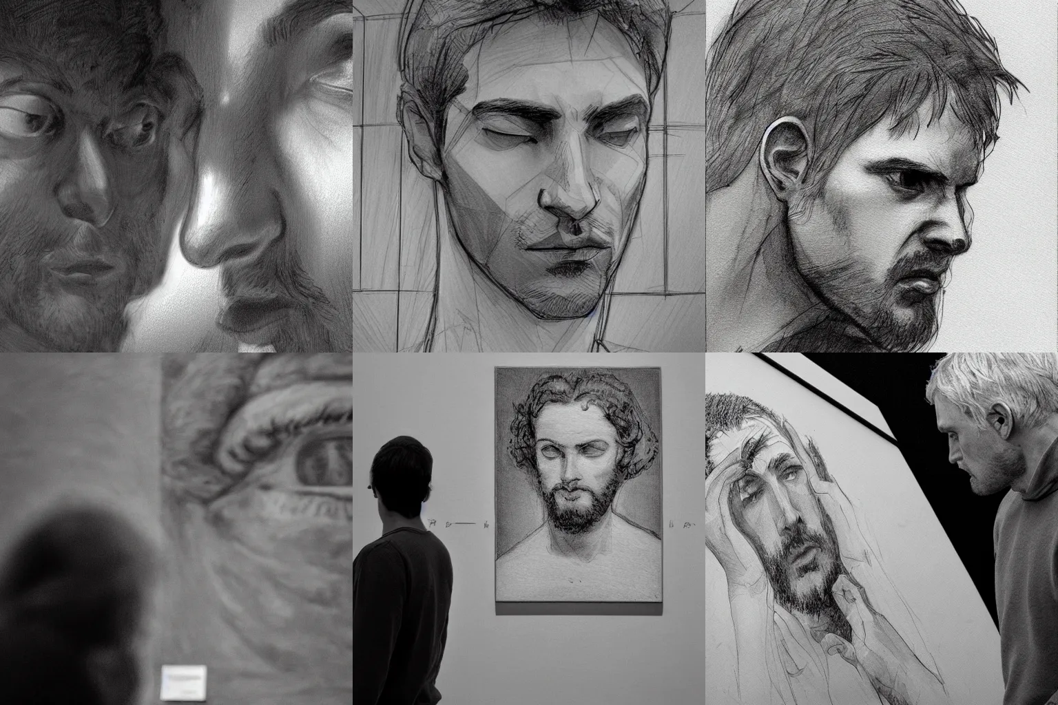 Prompt: man looking at a painting in the louvre, concept art, detailed face, close up, dramatic, black and white, drawing