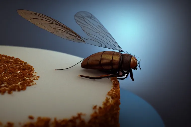 Image similar to a huge fly is sitting on a cake, 4 k, ultra details, cinematic, epic style, beautiful photo, hyper realistic, octane render, unreal engine, award winning, on artstation, volumetric lightning, masterpiece, golden hour,